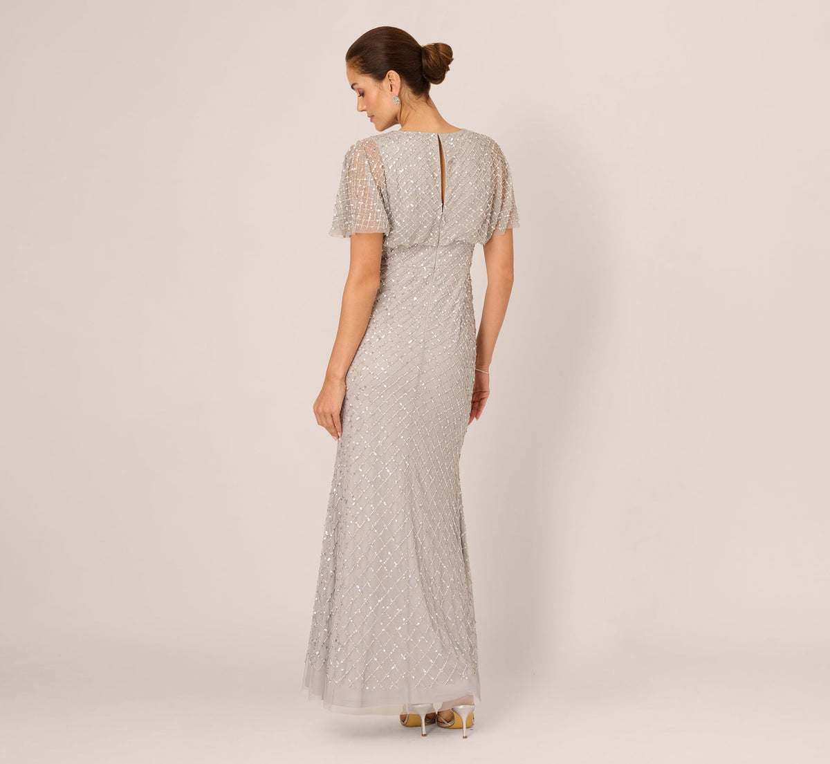 Short Sleeve Diamond Beaded Cowl Gown - Crystal Silver | Adrianna Papell