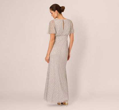 Short Sleeve Diamond Beaded Cowl Gown - Crystal Silver | Adrianna Papell