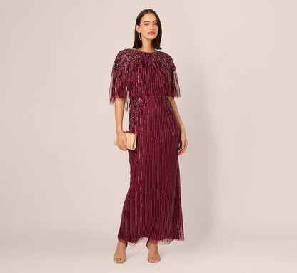 Linear Bead Cape Column Gown - Mahogany | Adrianna Papell