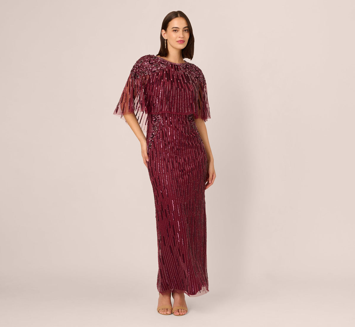Linear Bead Cape Column Gown - Mahogany | Adrianna Papell
