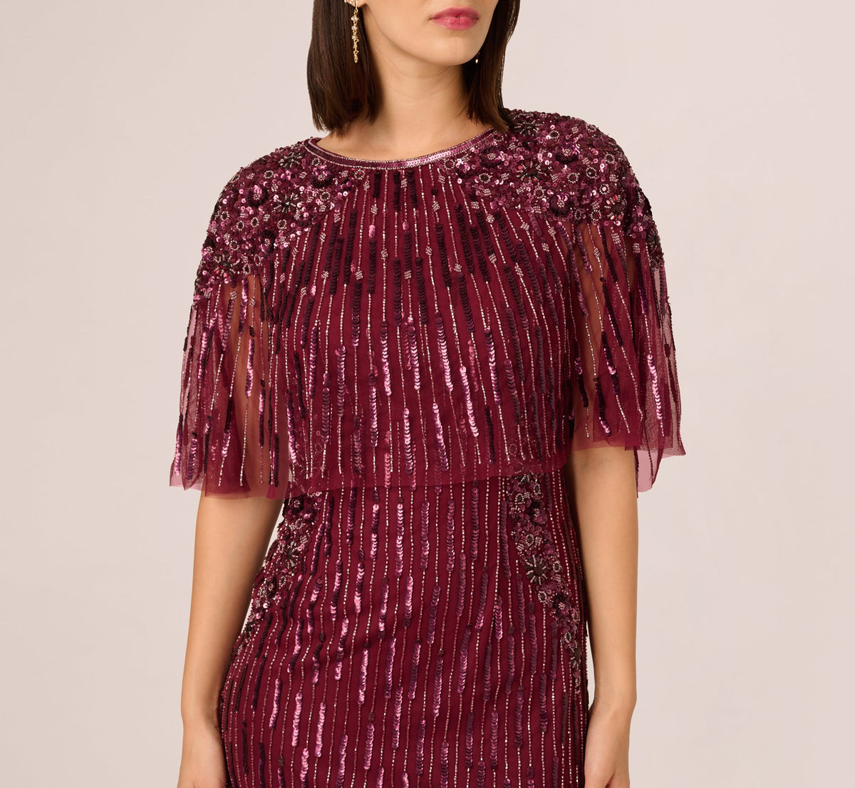 Linear Bead Cape Column Gown - Mahogany | Adrianna Papell
