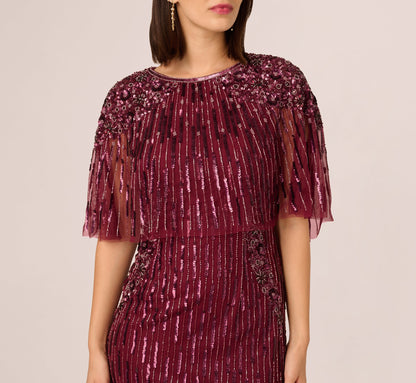 Linear Bead Cape Column Gown - Mahogany | Adrianna Papell