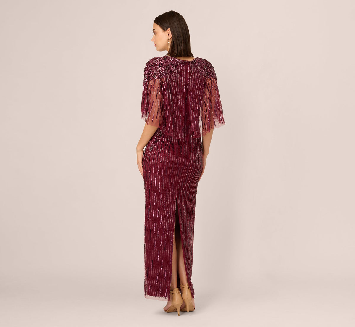 Linear Bead Cape Column Gown - Mahogany | Adrianna Papell