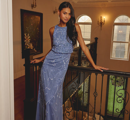Sleeveless Blouson Mermaid Gown With Jasmine Beading - French Blue | Adrianna Papell