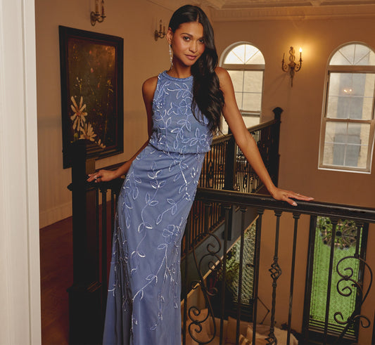 Sleeveless Blouson Mermaid Gown With Jasmine Beading - French Blue | Adrianna Papell