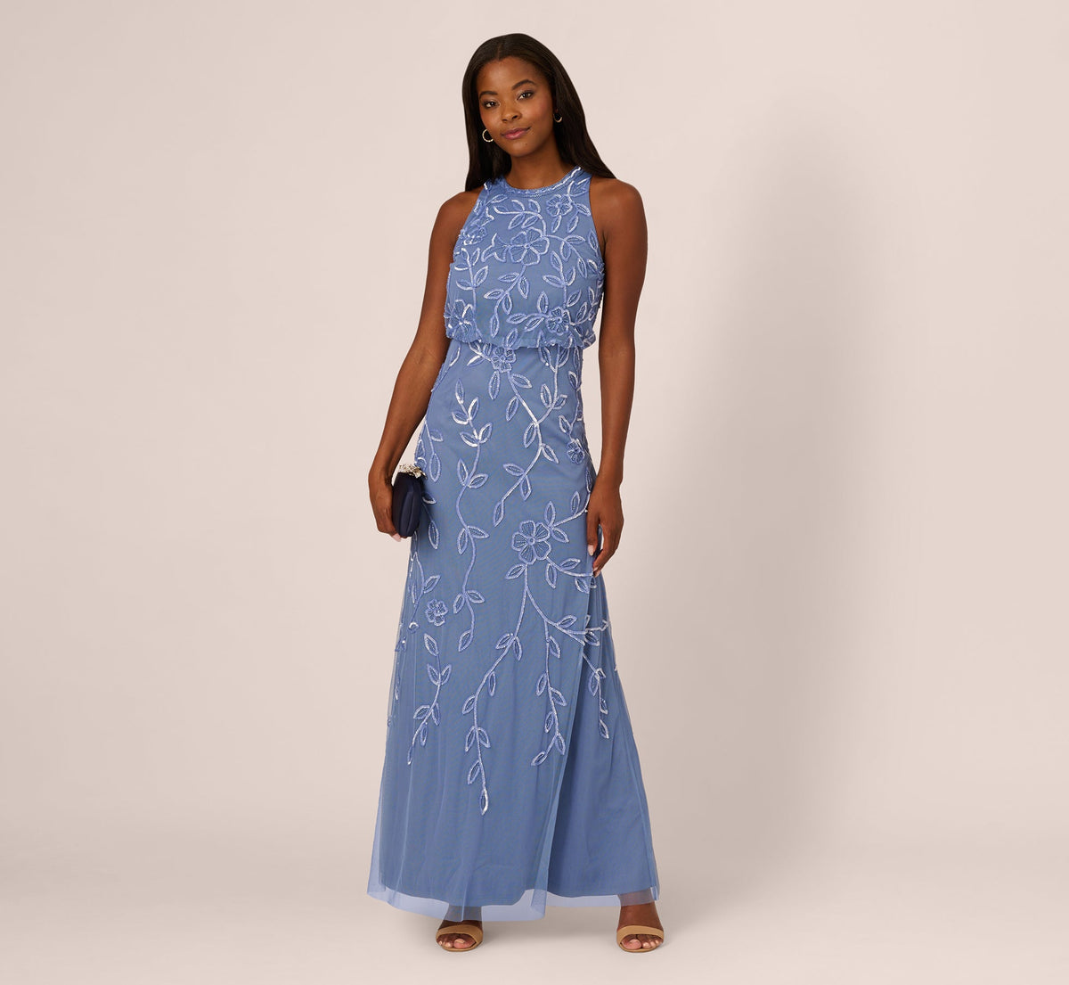 Sleeveless Blouson Mermaid Gown With Jasmine Beading - French Blue | Adrianna Papell