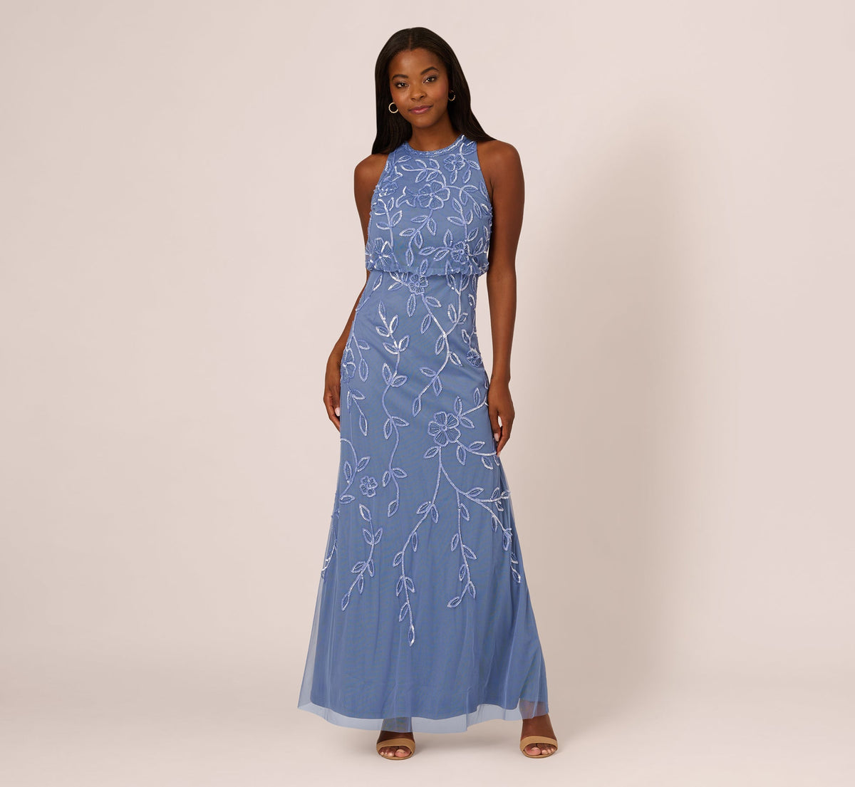 Sleeveless Blouson Mermaid Gown With Jasmine Beading - French Blue | Adrianna Papell