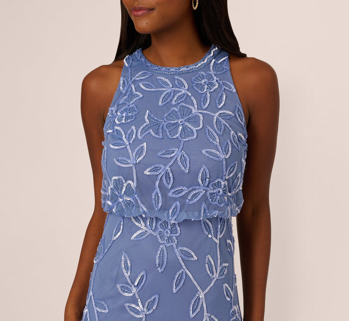 Sleeveless Blouson Mermaid Gown With Jasmine Beading - French Blue | Adrianna Papell
