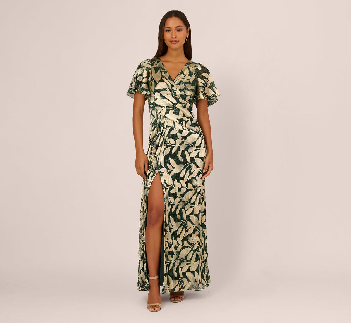 Foil Leaf Short Sleeve Gown With Draped Details - Green Pine Gold | Adrianna Papell