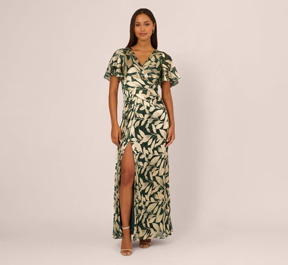 Foil Leaf Short Sleeve Gown With Draped Details - Green Pine Gold | Adrianna Papell