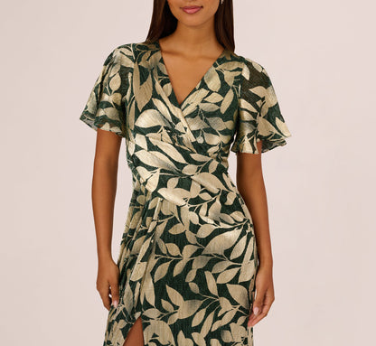 Foil Leaf Short Sleeve Gown With Draped Details - Green Pine Gold | Adrianna Papell