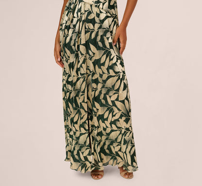 Foil Leaf Short Sleeve Gown With Draped Details - Green Pine Gold | Adrianna Papell