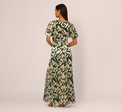 Foil Leaf Short Sleeve Gown With Draped Details - Green Pine Gold | Adrianna Papell