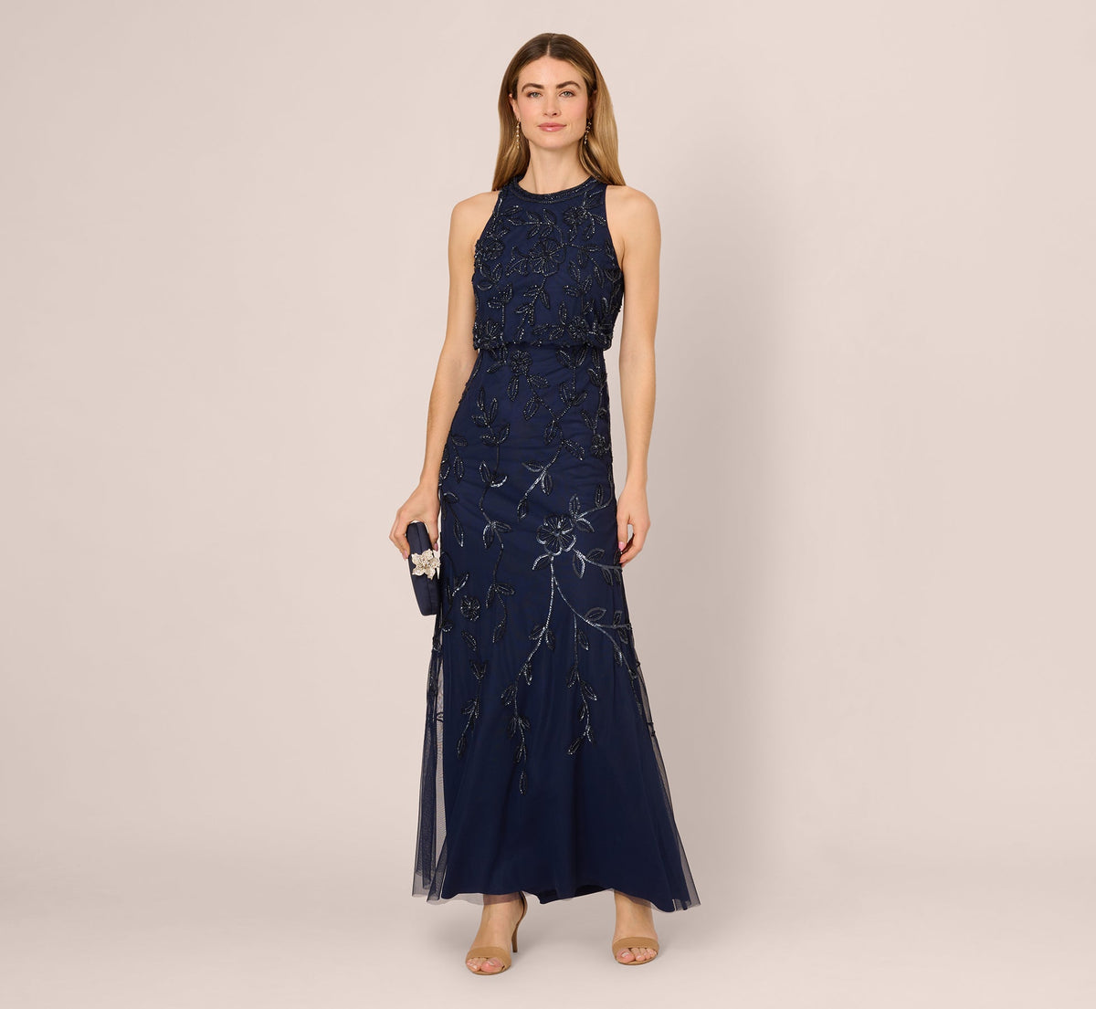 Sleeveless Blouson Mermaid Gown With Jasmine Beading - Light Navy | Adrianna Papell