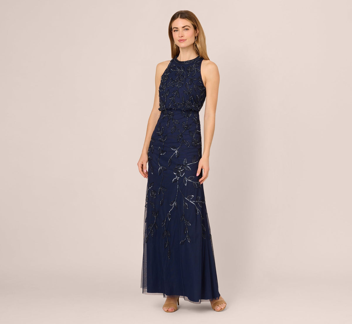 Sleeveless Blouson Mermaid Gown With Jasmine Beading - Light Navy | Adrianna Papell