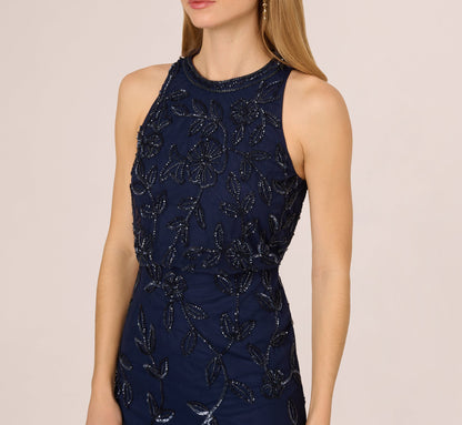 Sleeveless Blouson Mermaid Gown With Jasmine Beading - Light Navy | Adrianna Papell