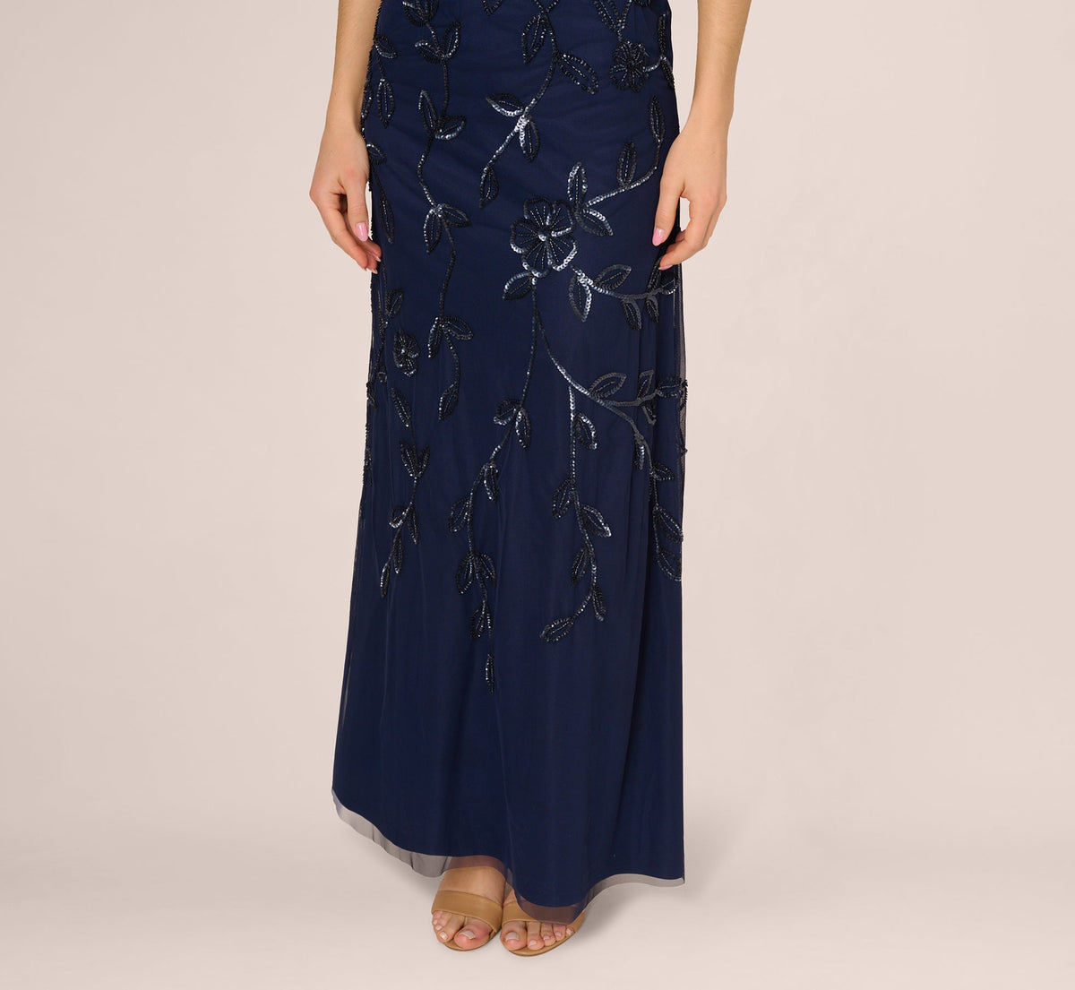 Sleeveless Blouson Mermaid Gown With Jasmine Beading - Light Navy | Adrianna Papell