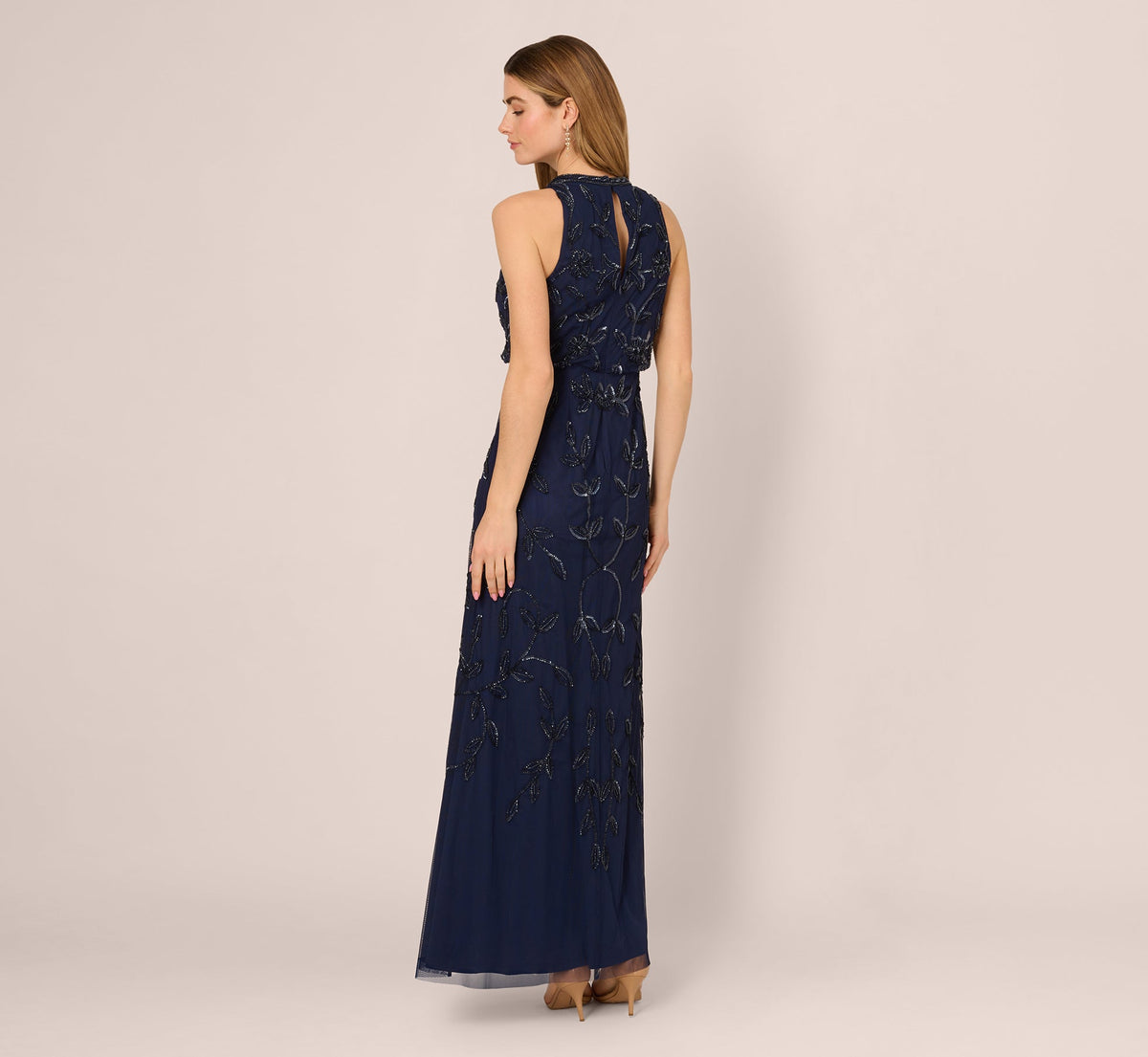 Sleeveless Blouson Mermaid Gown With Jasmine Beading - Light Navy | Adrianna Papell