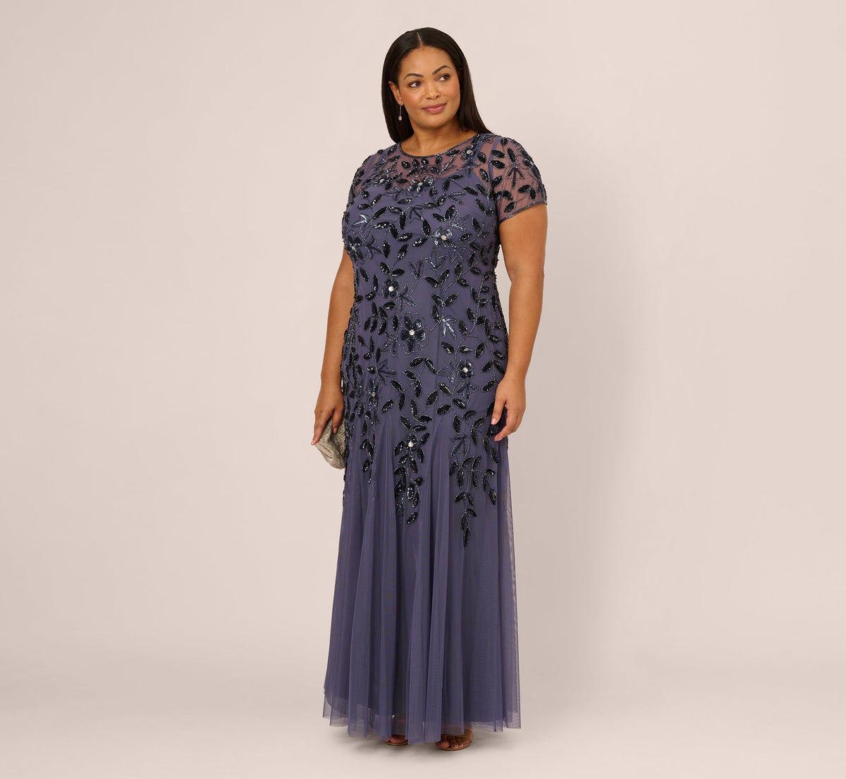 Plus Size Hand Beaded Short Sleeve Floral Godet Gown - Smoky Peri | Adrianna Papell