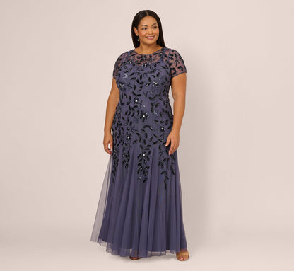 Plus Size Hand Beaded Short Sleeve Floral Godet Gown - Smoky Peri | Adrianna Papell