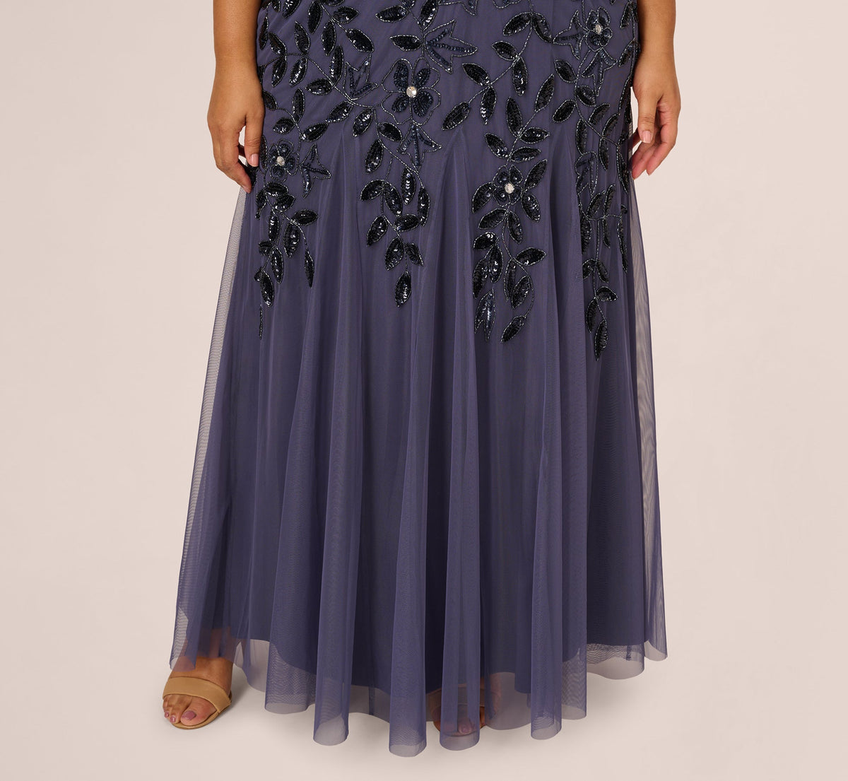 Plus Size Hand Beaded Short Sleeve Floral Godet Gown - Smoky Peri | Adrianna Papell