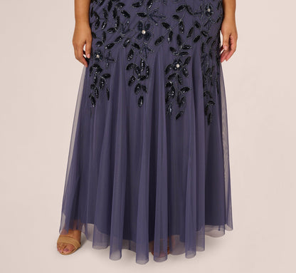 Plus Size Hand Beaded Short Sleeve Floral Godet Gown - Smoky Peri | Adrianna Papell