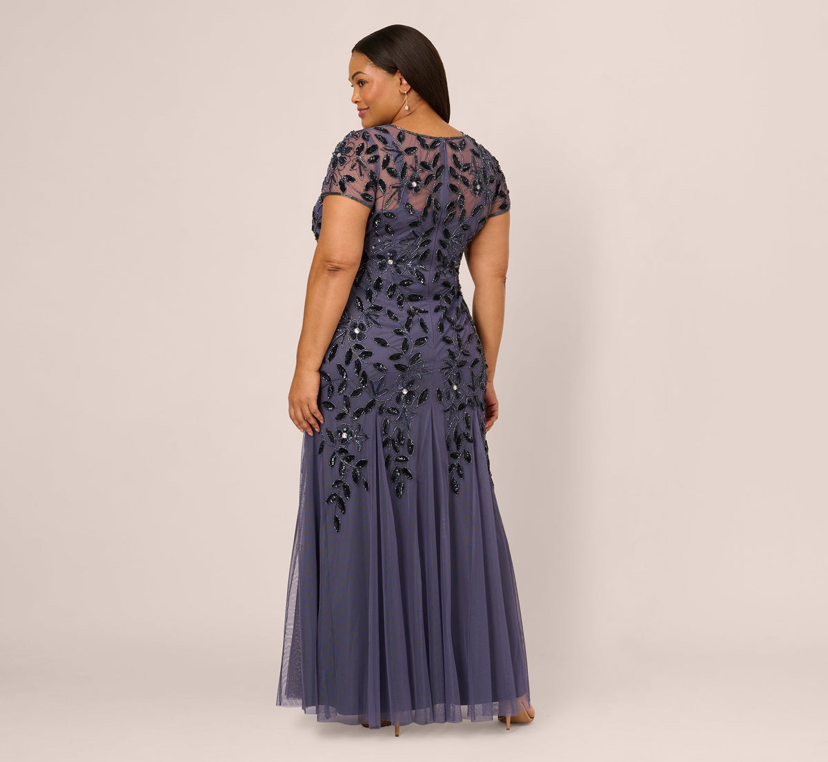 Plus Size Hand Beaded Short Sleeve Floral Godet Gown - Smoky Peri | Adrianna Papell