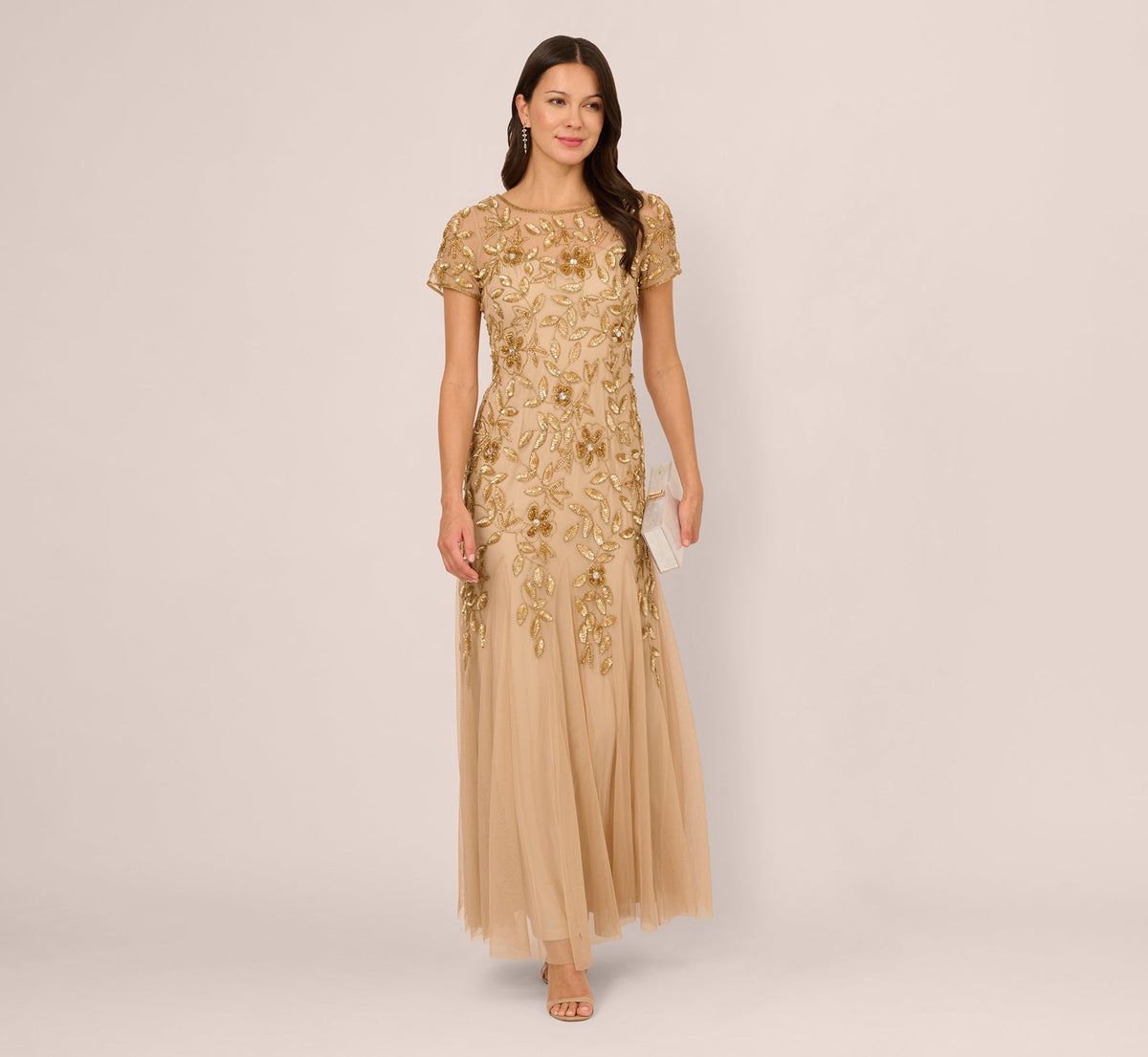 Hand Beaded Short Sleeve Floral Godet Gown - Champagne Gold | Adrianna Papell