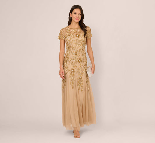 Hand Beaded Short Sleeve Floral Godet Gown - Champagne Gold | Adrianna Papell