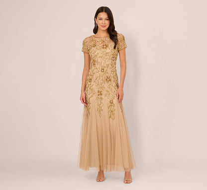 Hand Beaded Short Sleeve Floral Godet Gown - Champagne Gold | Adrianna Papell