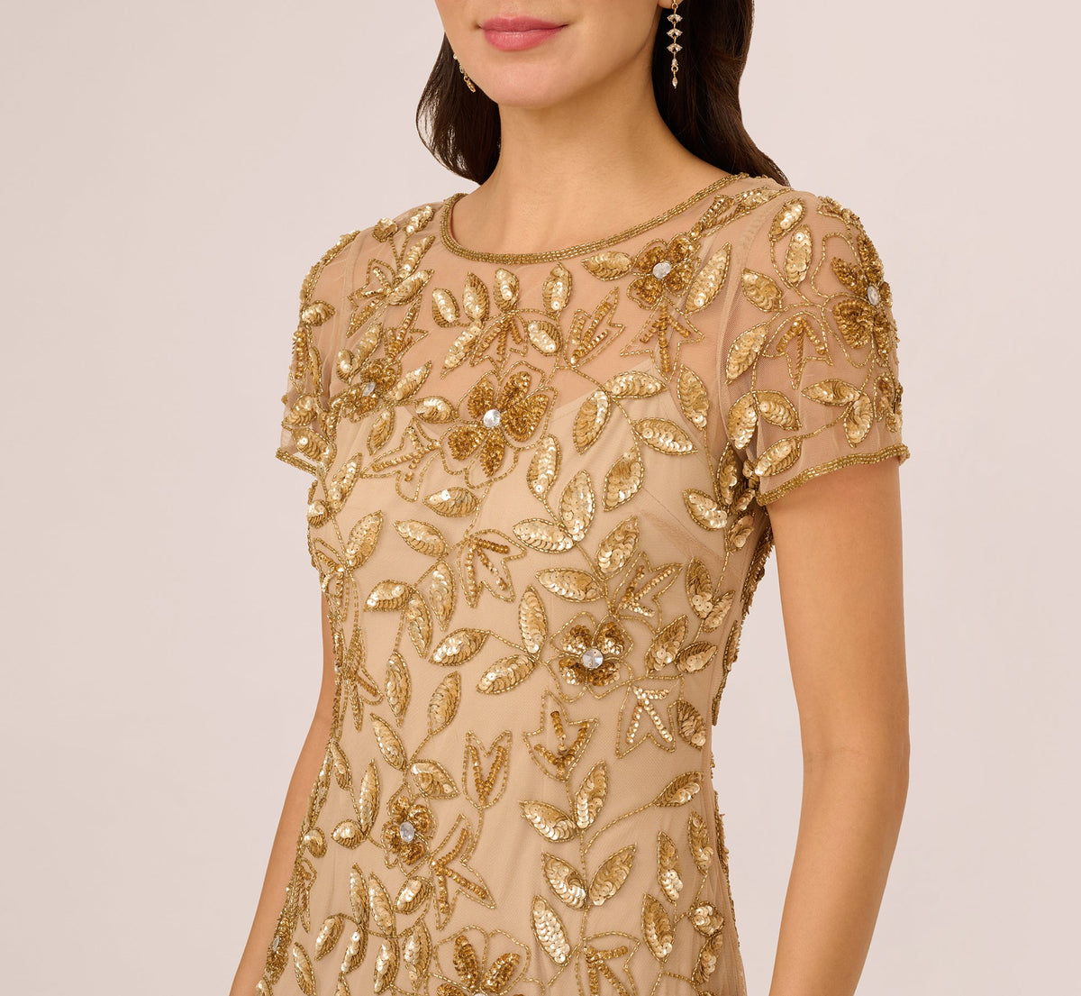 Hand Beaded Short Sleeve Floral Godet Gown - Champagne Gold | Adrianna Papell