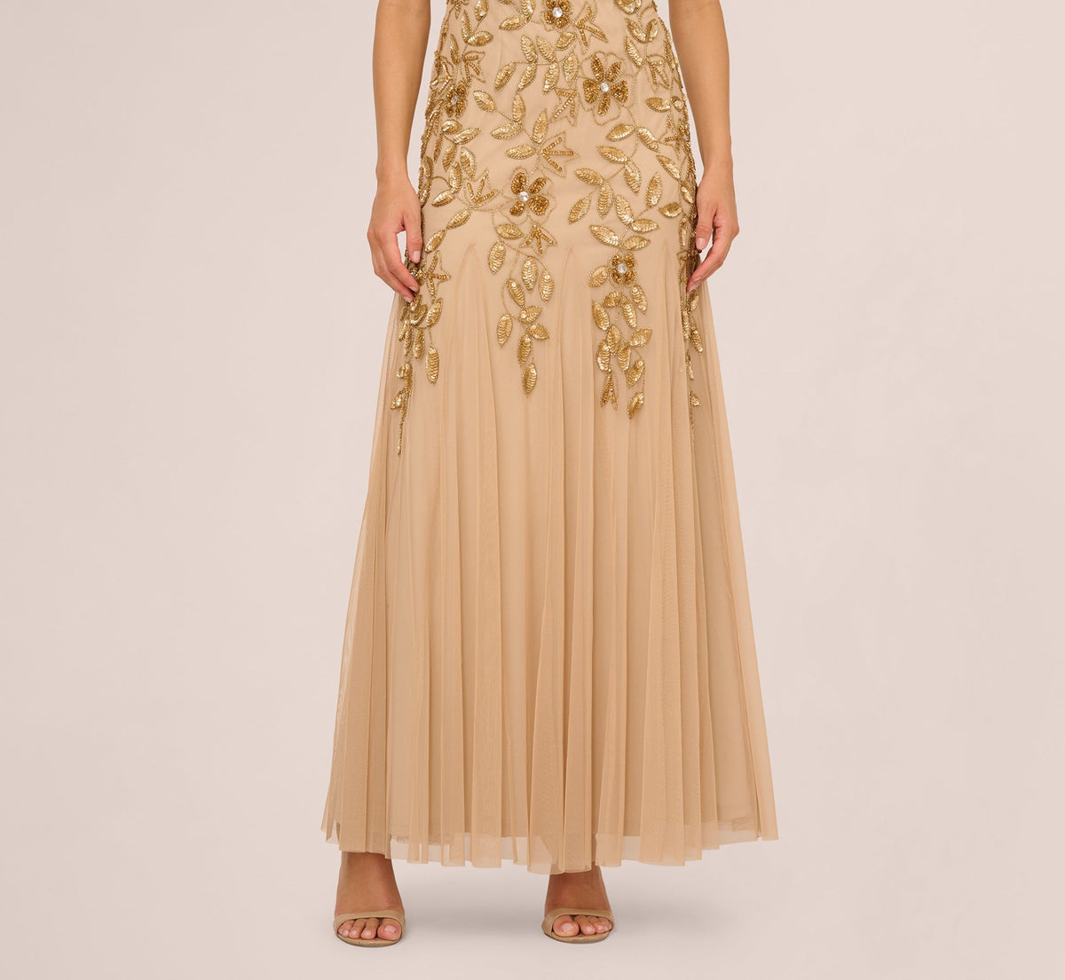 Hand Beaded Short Sleeve Floral Godet Gown - Champagne Gold | Adrianna Papell
