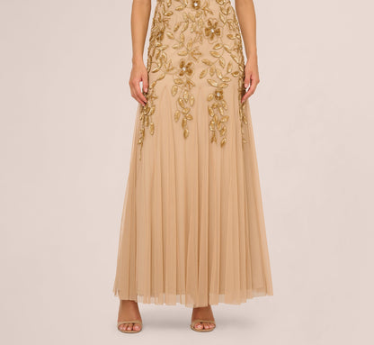 Hand Beaded Short Sleeve Floral Godet Gown - Champagne Gold | Adrianna Papell