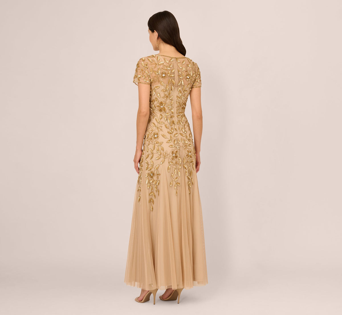 Hand Beaded Short Sleeve Floral Godet Gown - Champagne Gold | Adrianna Papell