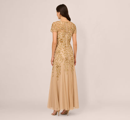 Hand Beaded Short Sleeve Floral Godet Gown - Champagne Gold | Adrianna Papell