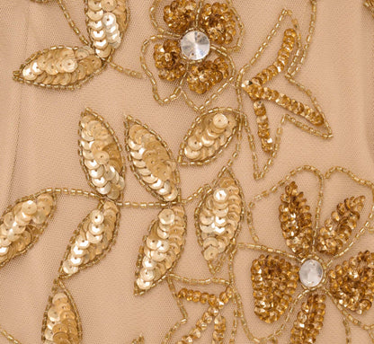 Hand Beaded Short Sleeve Floral Godet Gown - Champagne Gold | Adrianna Papell