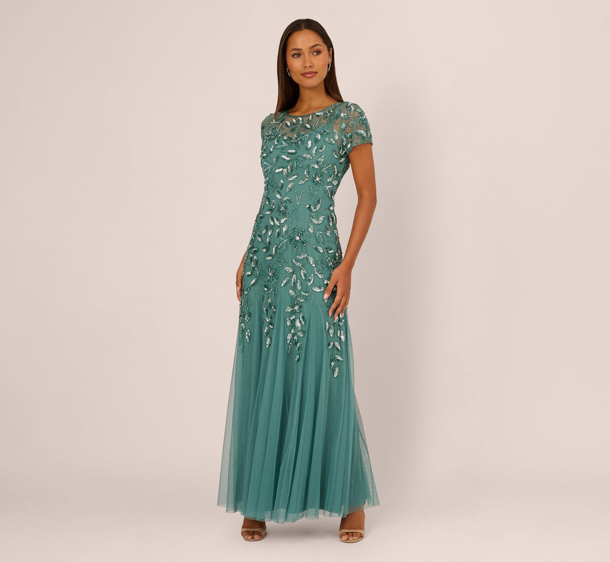 Hand Beaded Short Sleeve Floral Godet Gown - Jade | Adrianna Papell