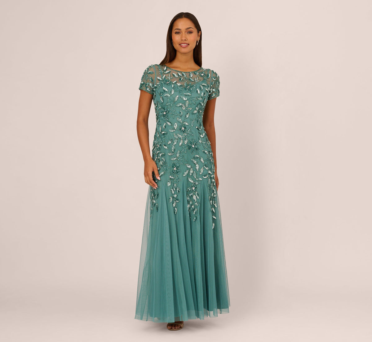 Hand Beaded Short Sleeve Floral Godet Gown - Jade | Adrianna Papell