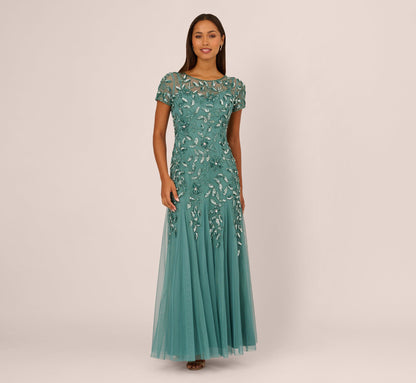 Hand Beaded Short Sleeve Floral Godet Gown - Jade | Adrianna Papell
