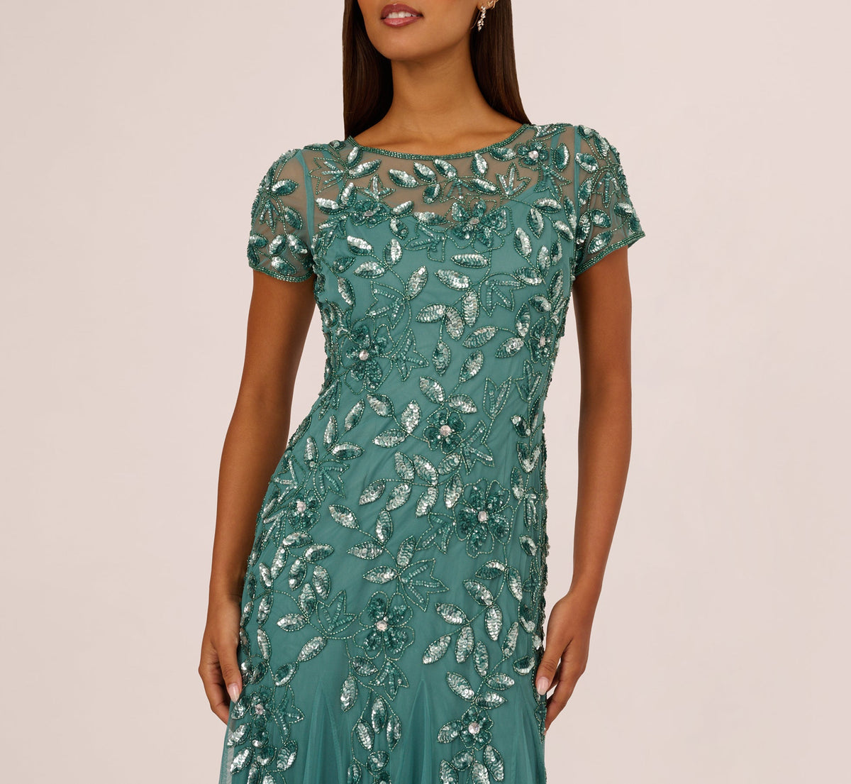 Hand Beaded Short Sleeve Floral Godet Gown - Jade | Adrianna Papell