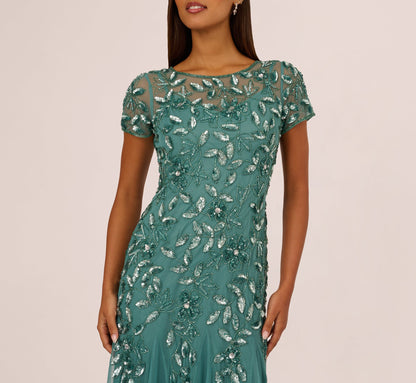 Hand Beaded Short Sleeve Floral Godet Gown - Jade | Adrianna Papell