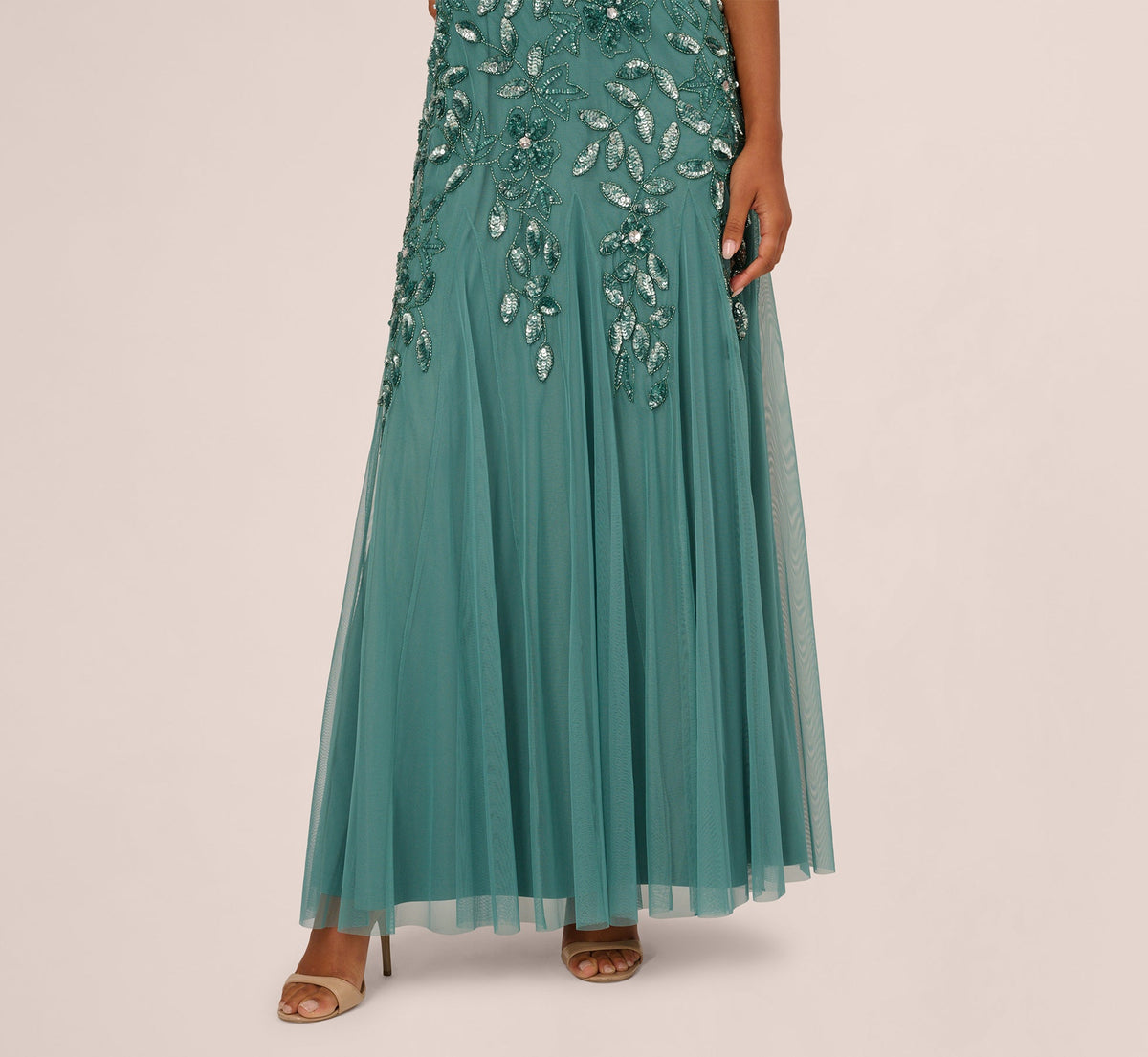 Hand Beaded Short Sleeve Floral Godet Gown - Jade | Adrianna Papell