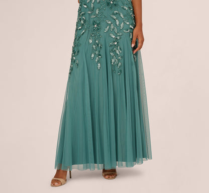 Hand Beaded Short Sleeve Floral Godet Gown - Jade | Adrianna Papell