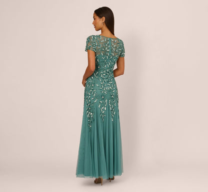 Hand Beaded Short Sleeve Floral Godet Gown - Jade | Adrianna Papell
