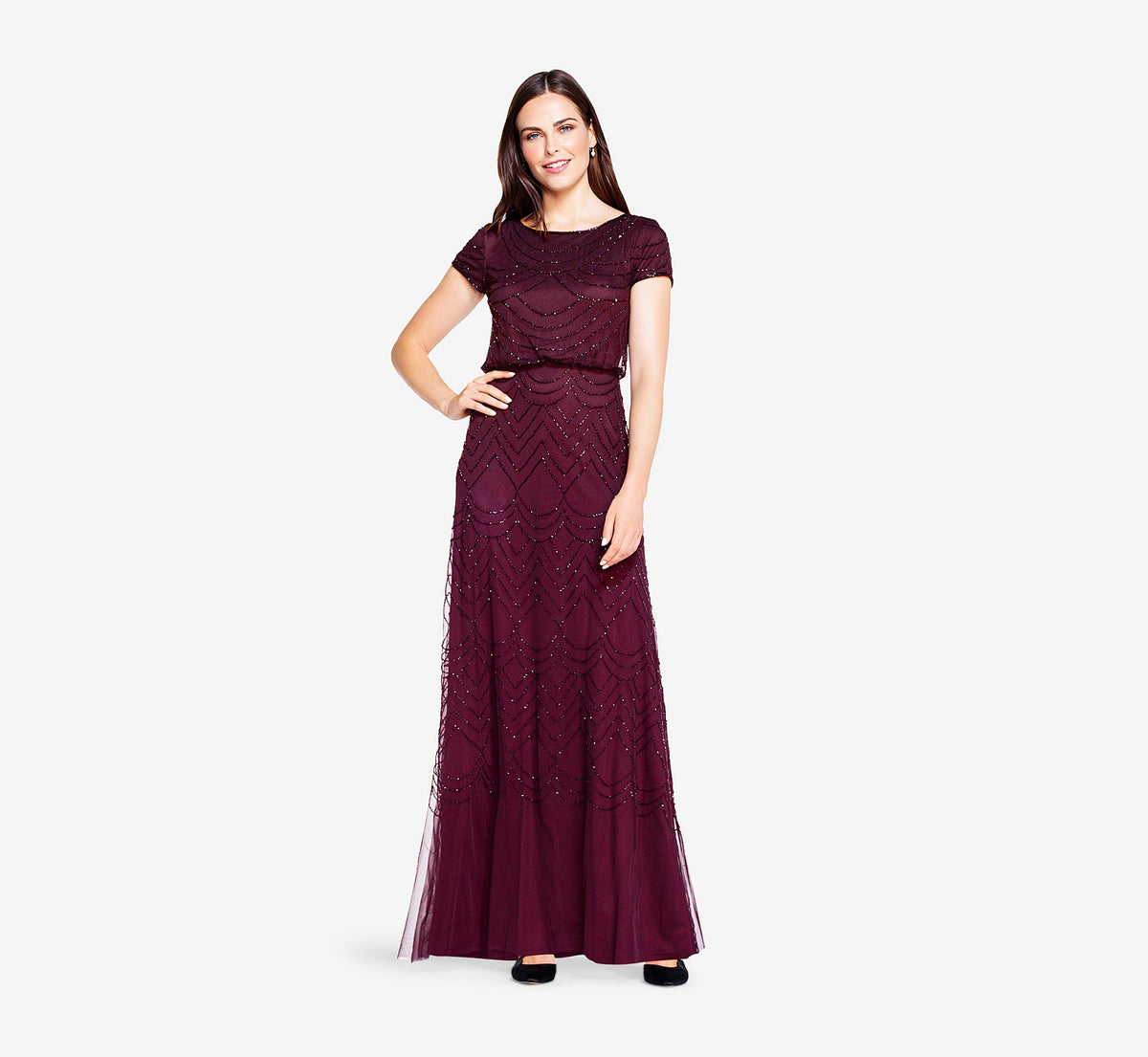Short Sleeve Beaded Blouson Gown - Cassis | Adrianna Papell
