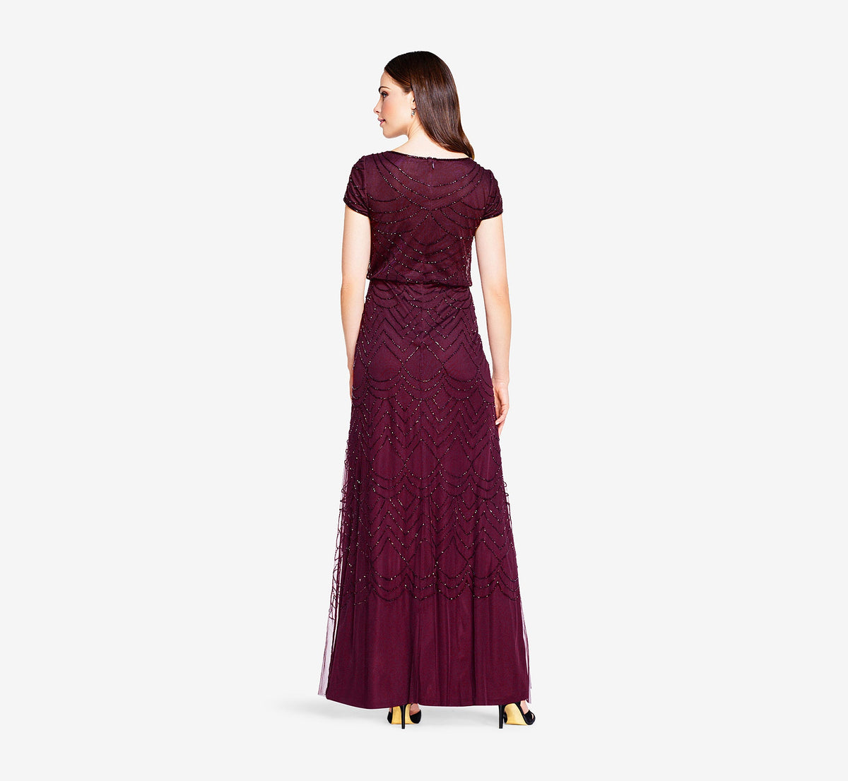 Short Sleeve Beaded Blouson Gown - Cassis | Adrianna Papell