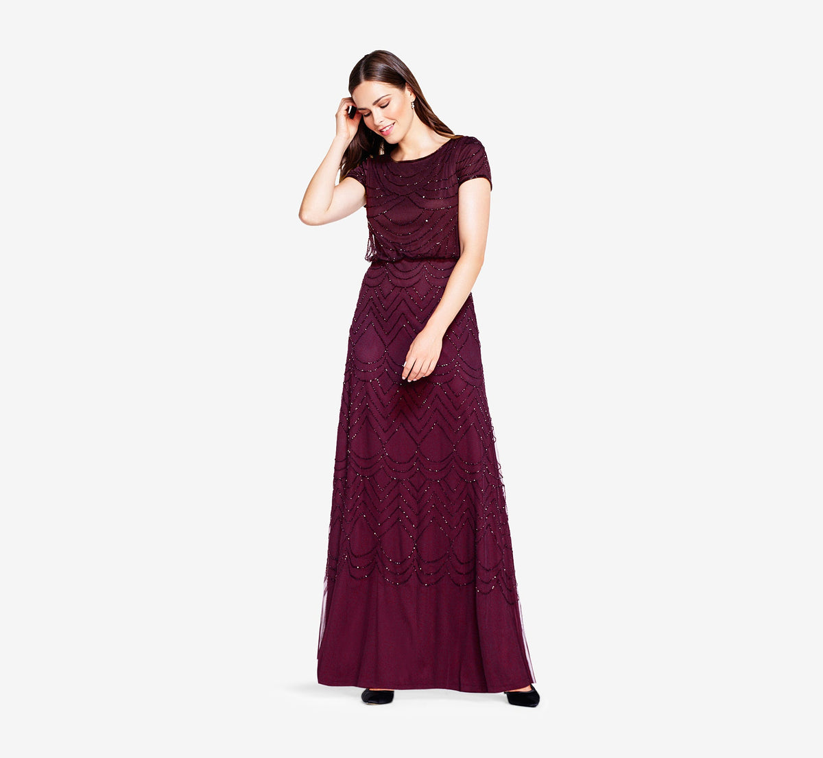Short Sleeve Beaded Blouson Gown - Cassis | Adrianna Papell