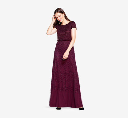 Short Sleeve Beaded Blouson Gown - Cassis | Adrianna Papell