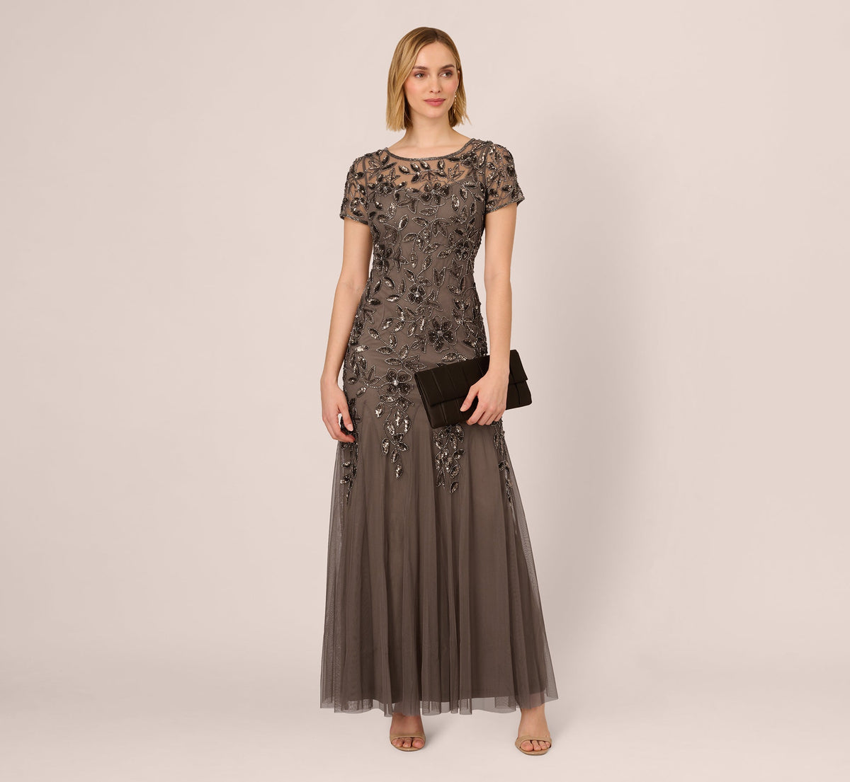 Hand Beaded Short Sleeve Floral Godet Gown - Lead | Adrianna Papell