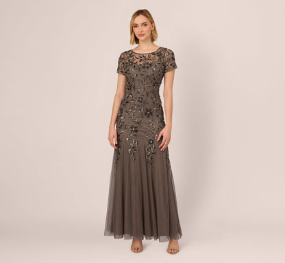 Hand Beaded Short Sleeve Floral Godet Gown - Lead | Adrianna Papell